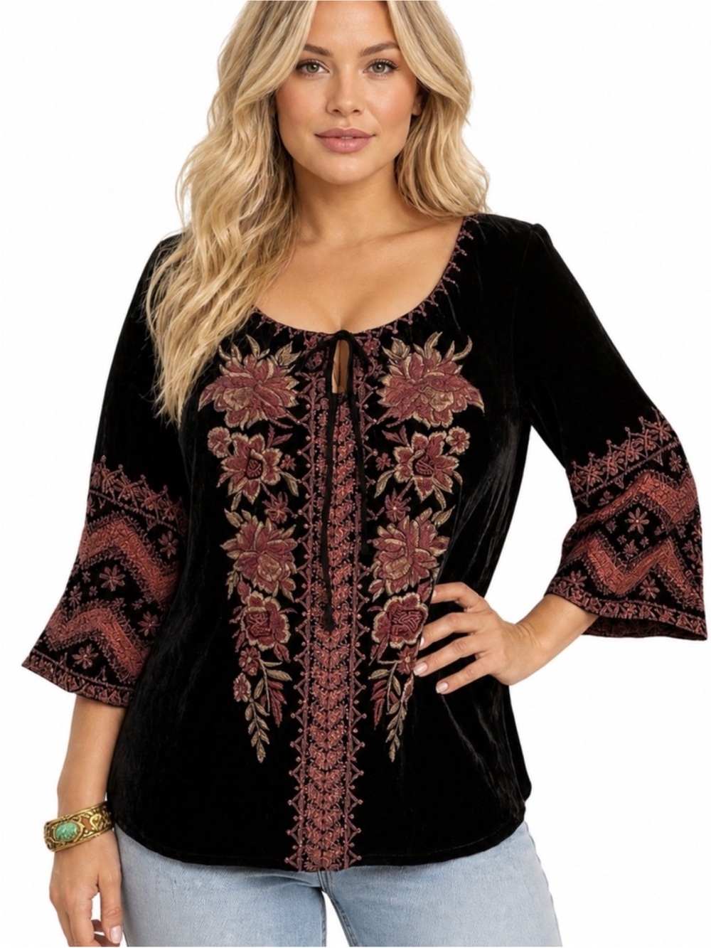 Johnny Was Elim Floral Embroidered Velvet Peasant Top 3/4 Sleeves Nwt